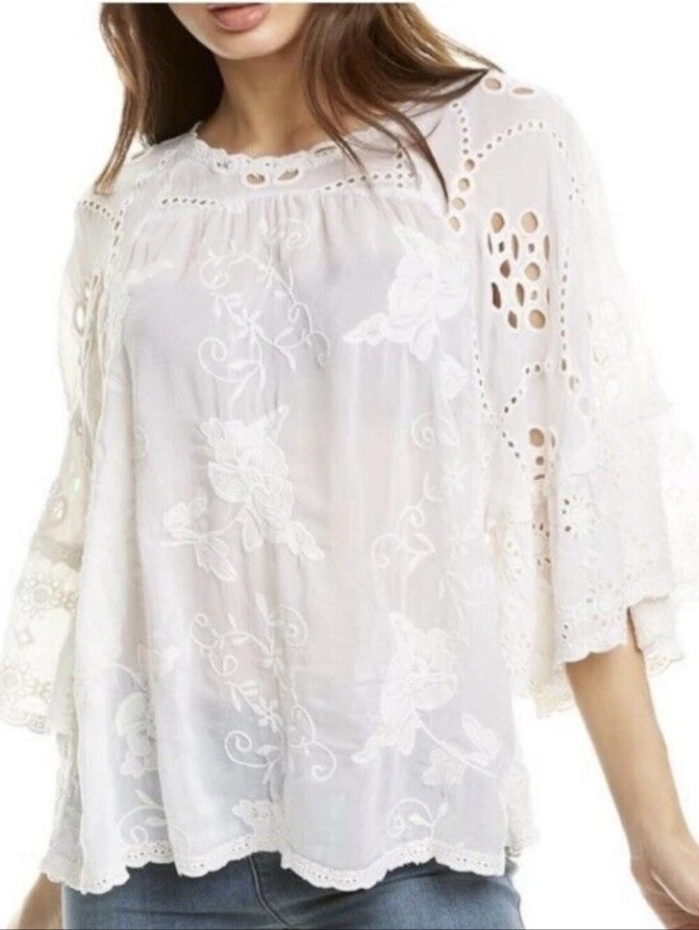 JOHNNY WAS Roman Ruffle Natural Ivory Eyelet Embroidered Blouse S SRP $340